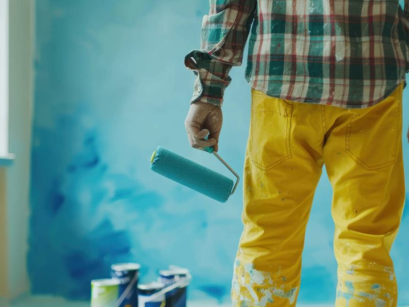 Painter Standing with Blue Wall
